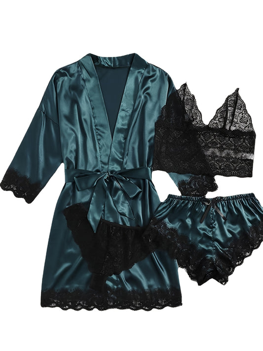 5-piece satin pajama set for women with lace detail, polyester sleepwear with belt, adult bedroom wear in multi-color