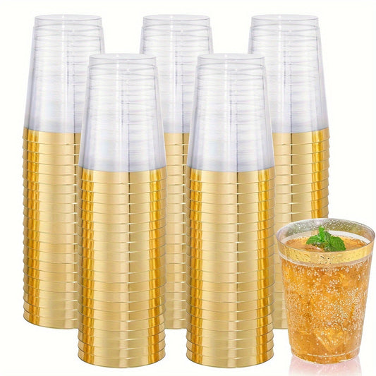 100 pieces of elegant plastic cups in gold color with a golden trim. Perfect for weddings, Thanksgiving, Christmas, and festive parties both indoors and outdoors. Disposable and convenient drinkware for all your special occasions. Great for home and