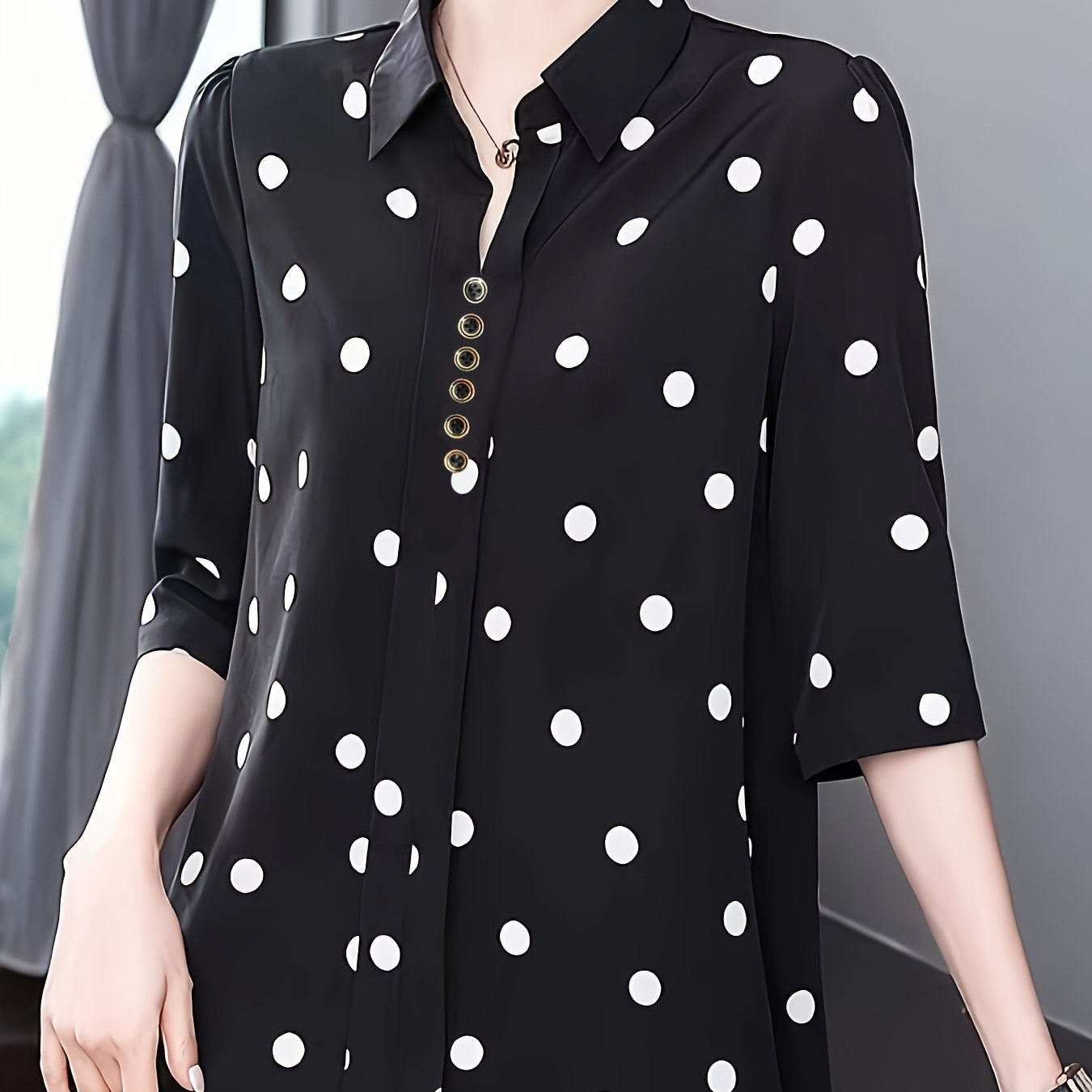 Stylish polka dot blouse for women - perfect for summer vacations. Made of polyester and machine washable with button detail. Non-stretch fabric.