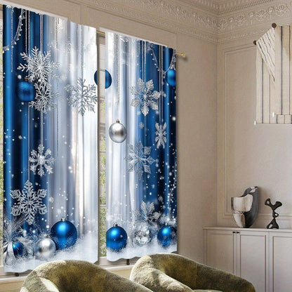 Christmas Blue Festive Curtains Set includes 2 pieces - Featuring Rod Pocket Design and Digital Printed Polyester Drapes perfect for Living Room, Kitchen, and Dining Decor (Rod Not Included)