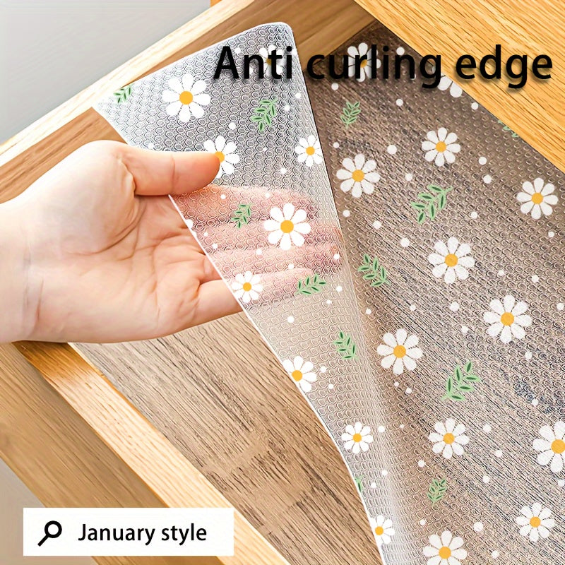 Get a single roll of EVA shelf liner featuring a fresh floral design. This liner is non-slip, moisture-proof, dust-proof, and oil-resistant, making it perfect for use in the kitchen, wardrobe, or shoe cabinet. It is easy to cut and clean, making it a