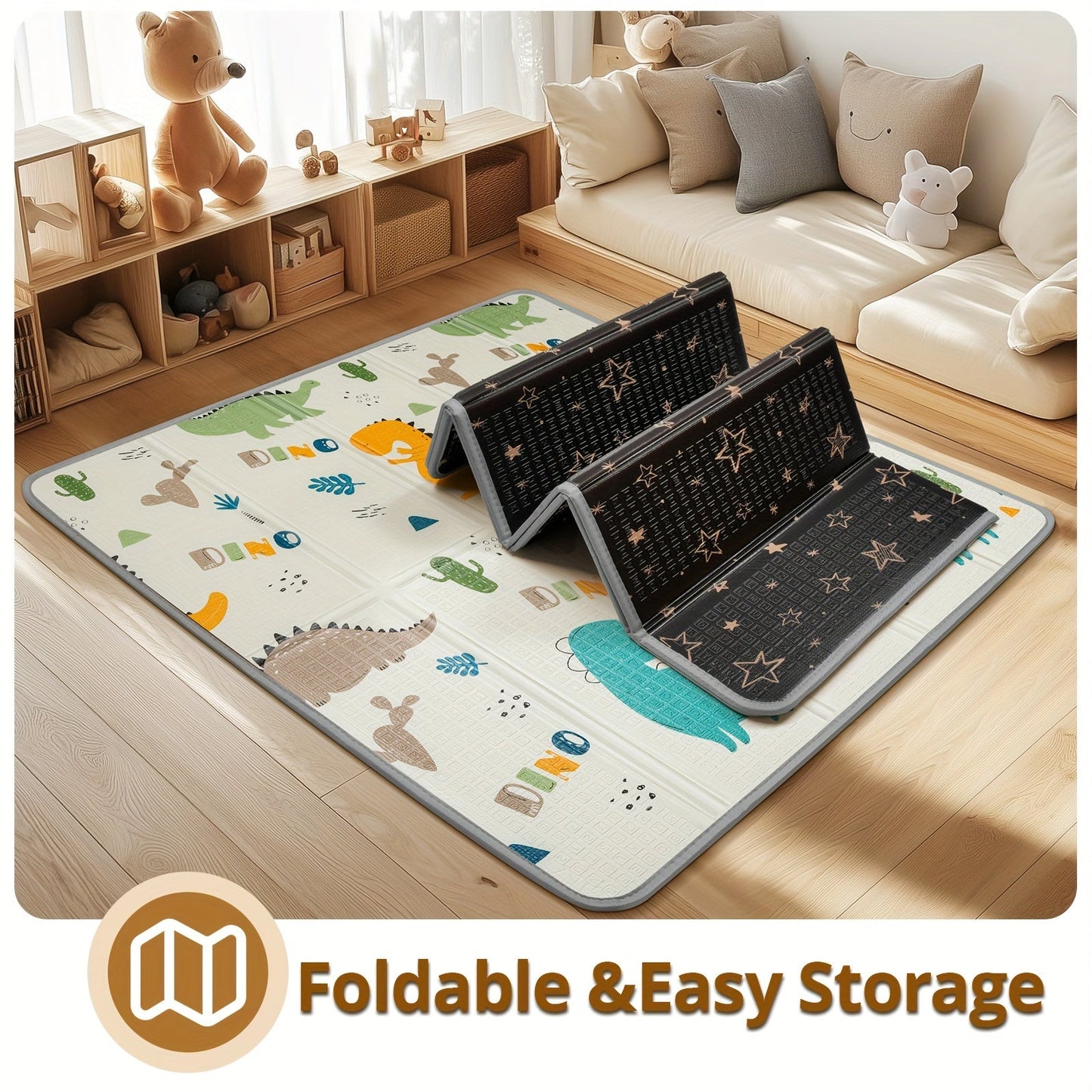 The perfect gift for young children, this Reversible Seahorse & Stars Play Mat is waterproof, thick foam safety pad measuring 127.0x127.0cm. It comes with a fence option for added safety, making it portable and versatile. Ideal for Christmas or