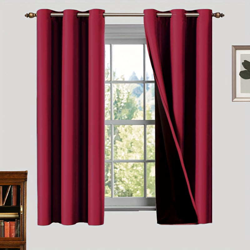 Two pieces of 100% blackout curtains made from polyester, coated and insulated with a grommet top design. Perfect for bedroom, living room, and home decor.