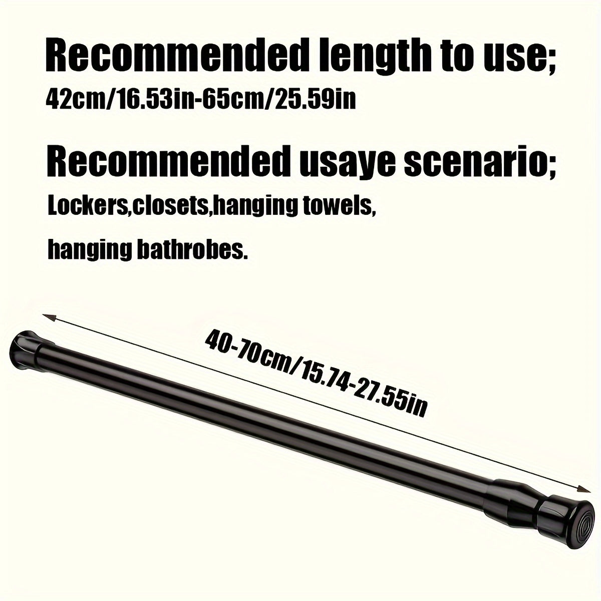 Easy-install telescopic rod with strong spring for shower curtains, door drapes, clothes hanging. Available in black, white, wood grain.