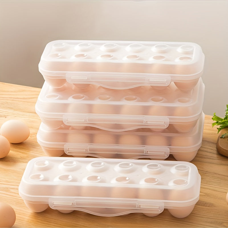 Transparent plastic stackable egg storage container with lid, capable of holding 12/18 eggs. Shockproof and freezer-safe, this space-saving kitchen organizer is perfect for keeping your eggs fresh and organized in the refrigerator.