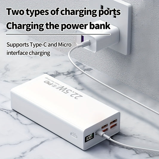 Large capacity power bank with fast charging capabilities, multiple input/output interfaces, intelligent battery display, and compatibility with various mobile devices. Ideal for outdoor