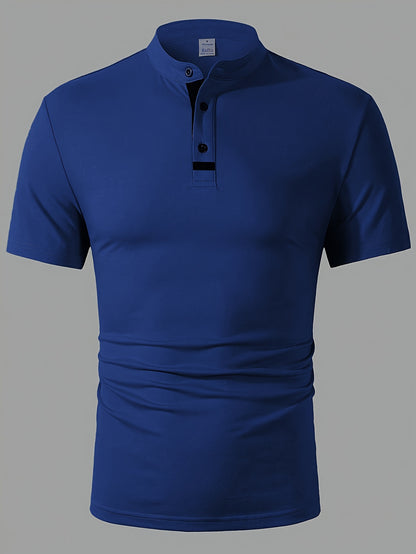 Men's red casual shirt with short sleeves and round neck featuring button detail. Made from lightweight polyester blend, perfect for golf and casual wear. Machine washable.