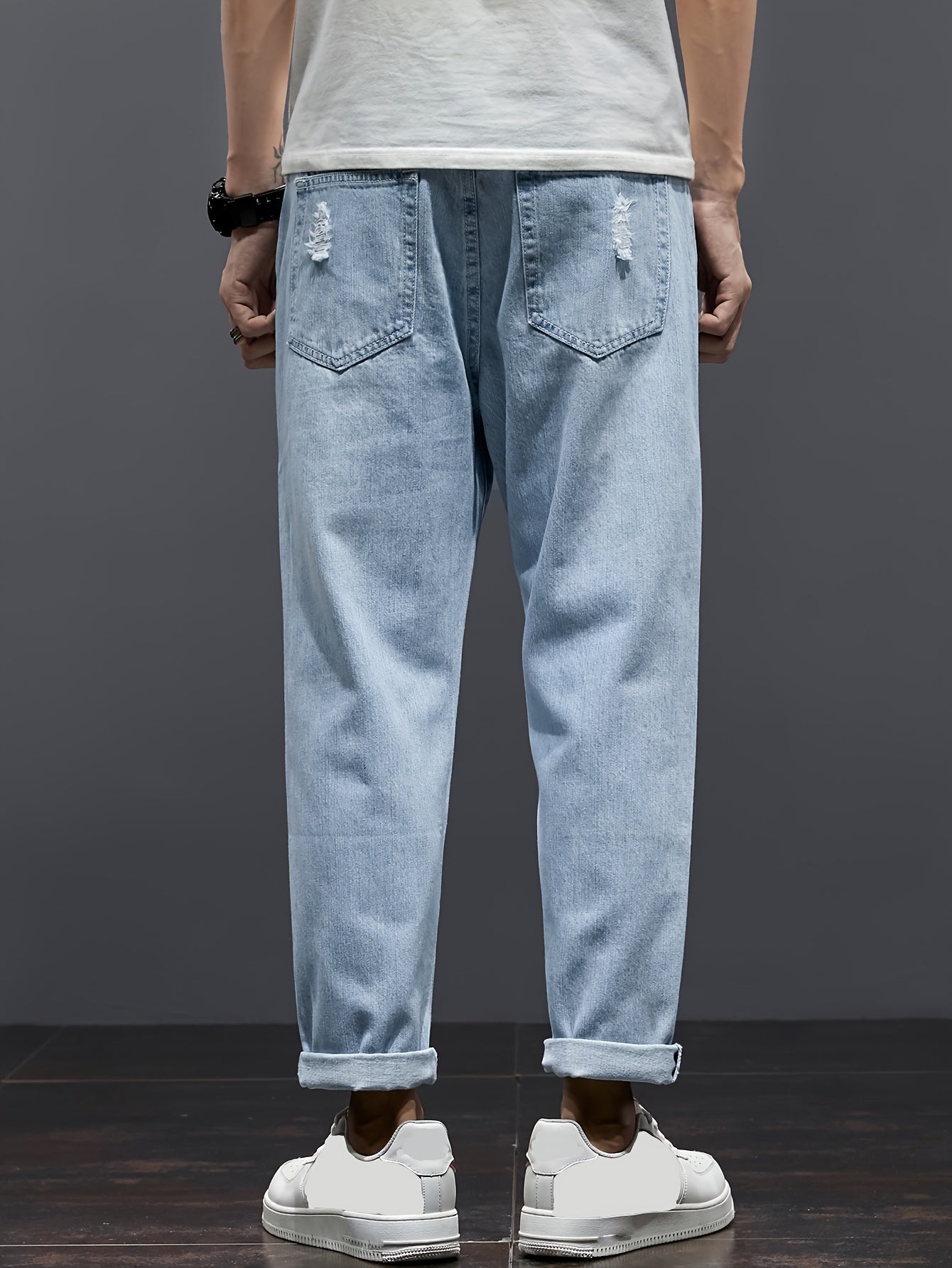 Summer 2024 Men's Distressed Denim Jeans: Straight leg, loose fit, stretch waist, trendy cropped casual pants with ripped detailing, machine washable.