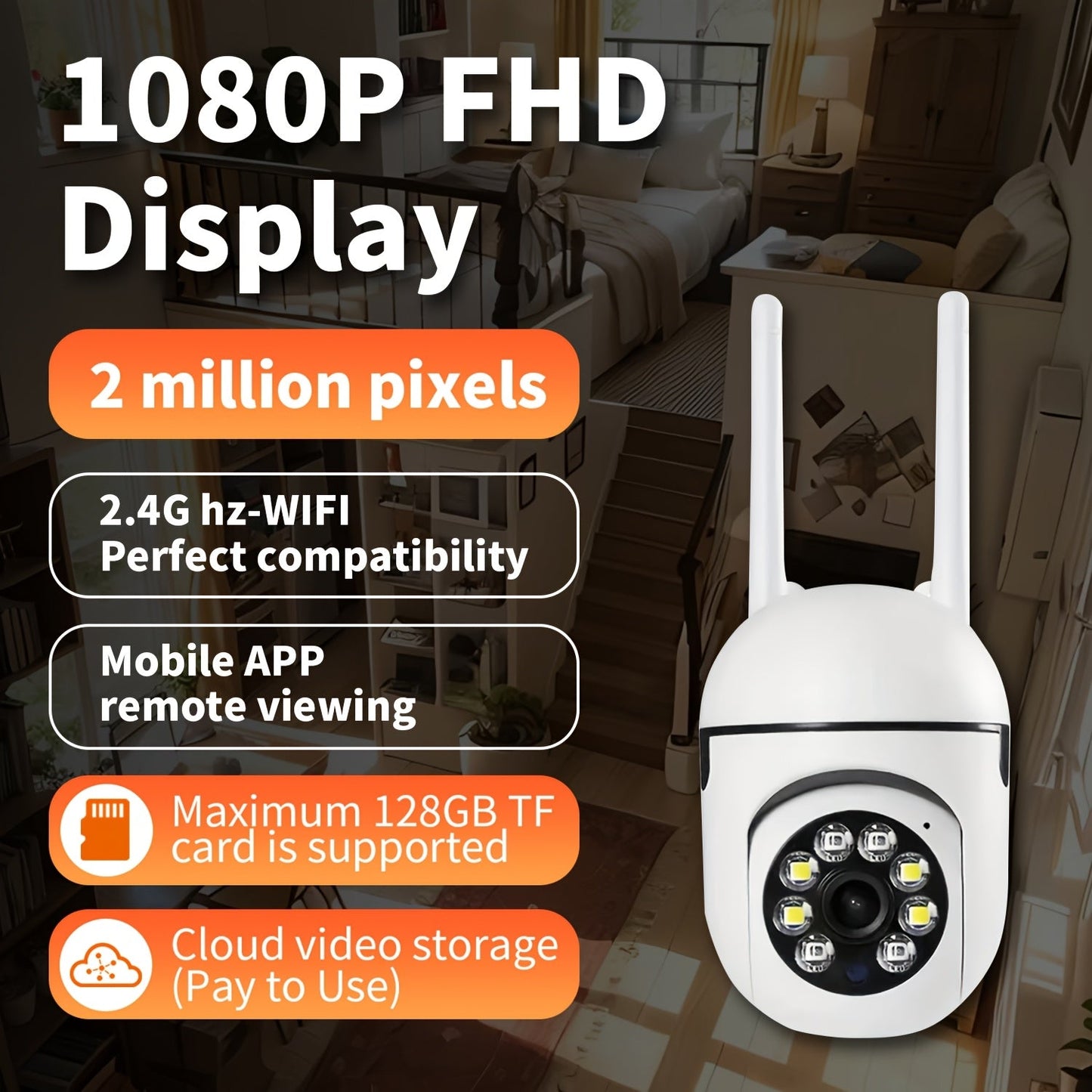 HD Smart WiFi Security Camera features 1080P resolution, Auto-Tracking, Night Vision, and Human/Pet Detection with Motion Alerts. This camera can be used indoors or outdoors, is USB powered, and compatible with smartphones. It operates on wireless 2.4GHz