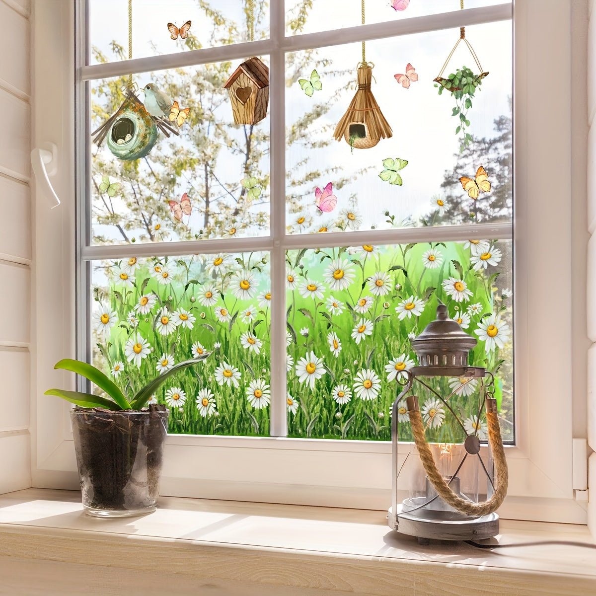 Decorate your living room, bedroom, or home with our charming Daisy & Butterfly Window Clings. These reusable electrostatic decals are perfect for adding a touch of whimsy to your decor. Pair them with our birdcage and glass accessories for a complete