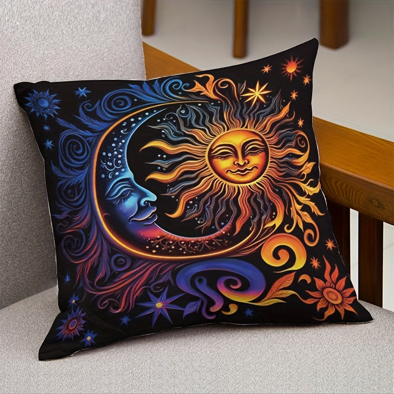 Sun and Moon throw pillow cover - 44.96x44.96 cm, cosmic art design, zippered polyester square case, contemporary style, machine washable, no insert