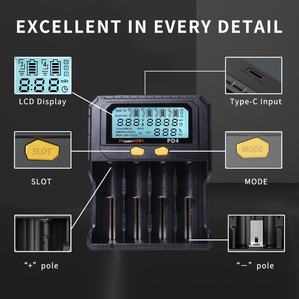 PowerKan 4-slot USB rechargeable battery charger with LCD screen and intelligent PD charging. Supports 18650, LiFePO4, Ni-MH, and Ni-CD batteries with operating voltage up to 36V. Features