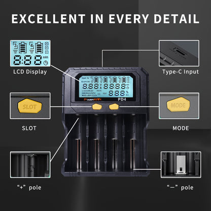 PowerKan 4-slot USB rechargeable battery charger with LCD screen and intelligent PD charging. Supports 18650, LiFePO4, Ni-MH, and Ni-CD batteries with operating voltage up to 36V. Features