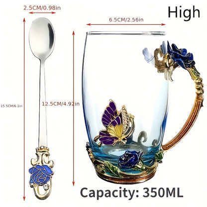 11.8oz Clear Glass Tea Cup Set with Coaster, Spoon, and Elegant Flower Pattern - Perfect for Coffee, Water, or Summer/Winter Drinks - Ideal Gift for Birthdays