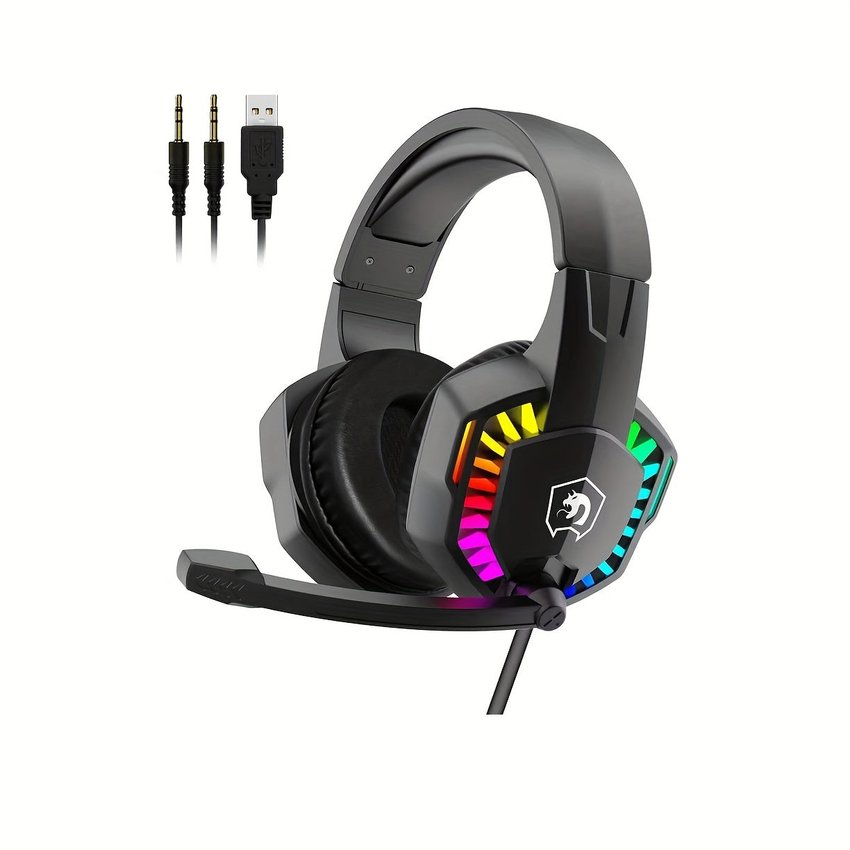 Noise-canceling mic gaming headset with RGB lights, wired over-ear headphones for PS4, PS5, Xbox One, PC, Mac. Durable plastic, soft memory earmuffs, button control, tangle-free cable, no