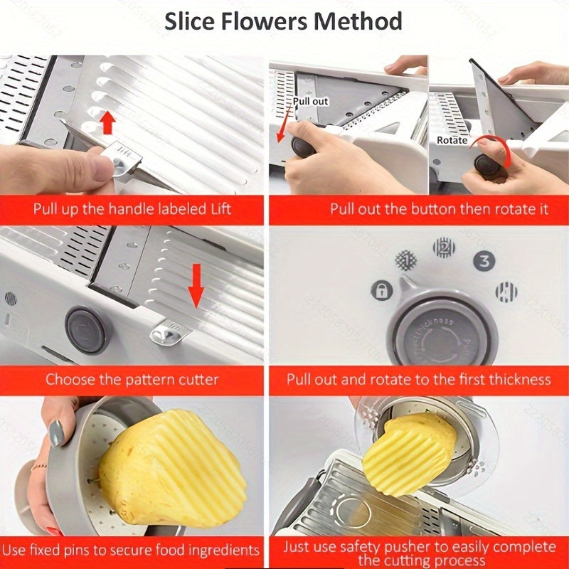 Versatile Food Preparation Accessory: Manual Mandoline Slicer with Stainless Steel Blades and PC Body for Slicing, Dicing, and Chopping Various Vegetables in the Kitchen