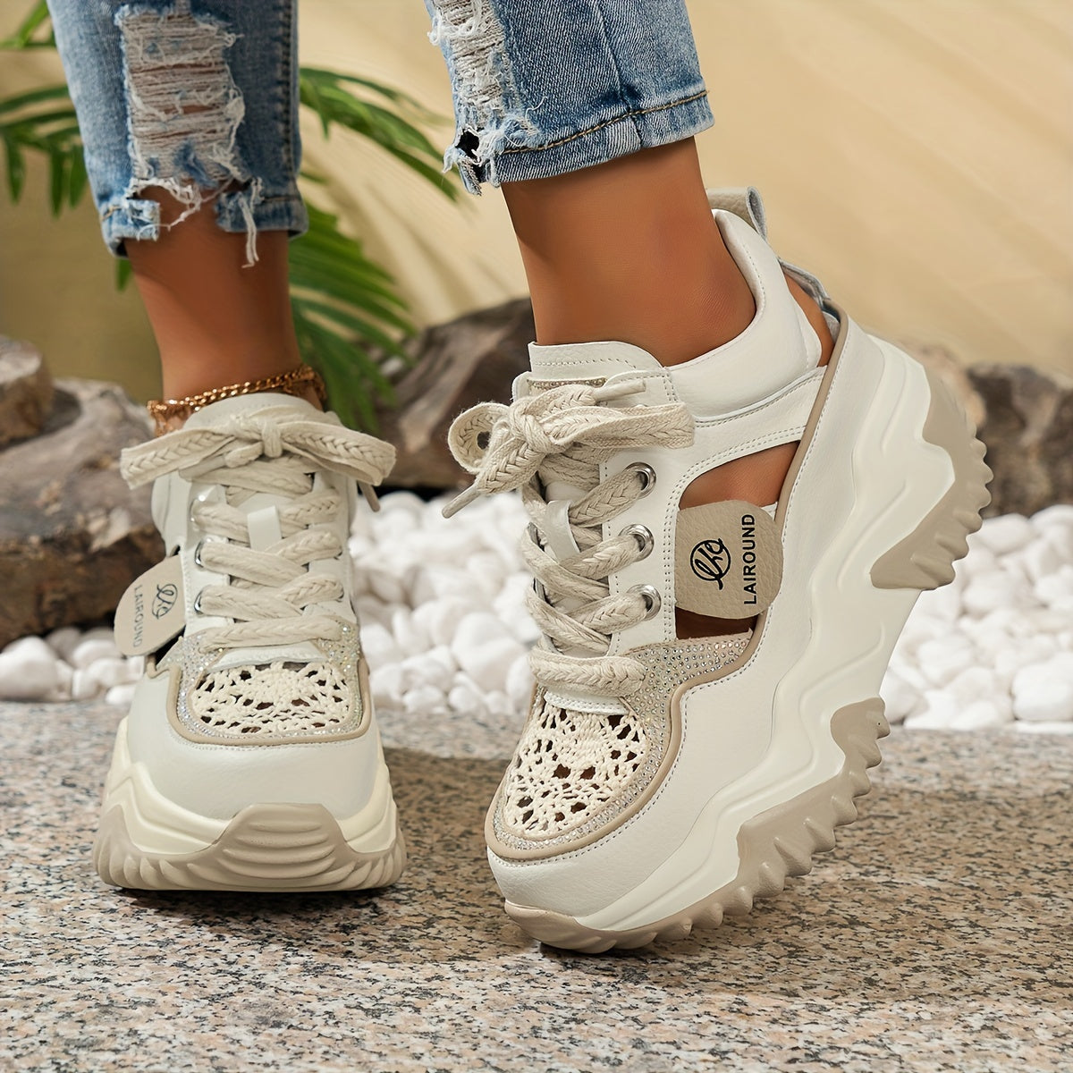 Solid color lace up platform sneakers with soft sole, hollow design, breathable and heightening low-top style for women.