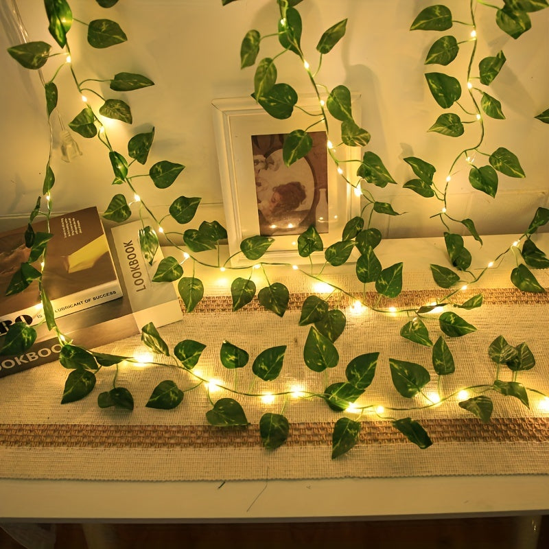 2m/6.56ft LED green leaf plant lights with 20 LEDs, perfect for New Year's decorations. Battery-operated, batteries not included. Ideal for wall, office, birthdays, and bedroom decor.