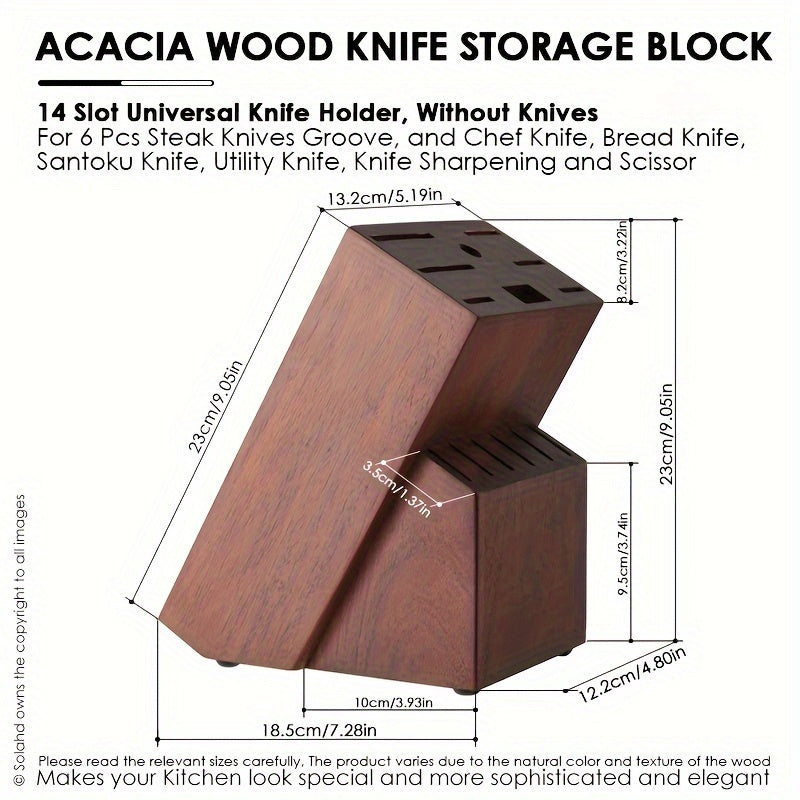 The perfect gift for any occasion - Acacia Wood Knife Block with 14 slots to hold all your essential knives including 6 steak knives, chef knife, bread knife, santoku knife, utility knife, and even space for knife sharpening and scissors. This countertop