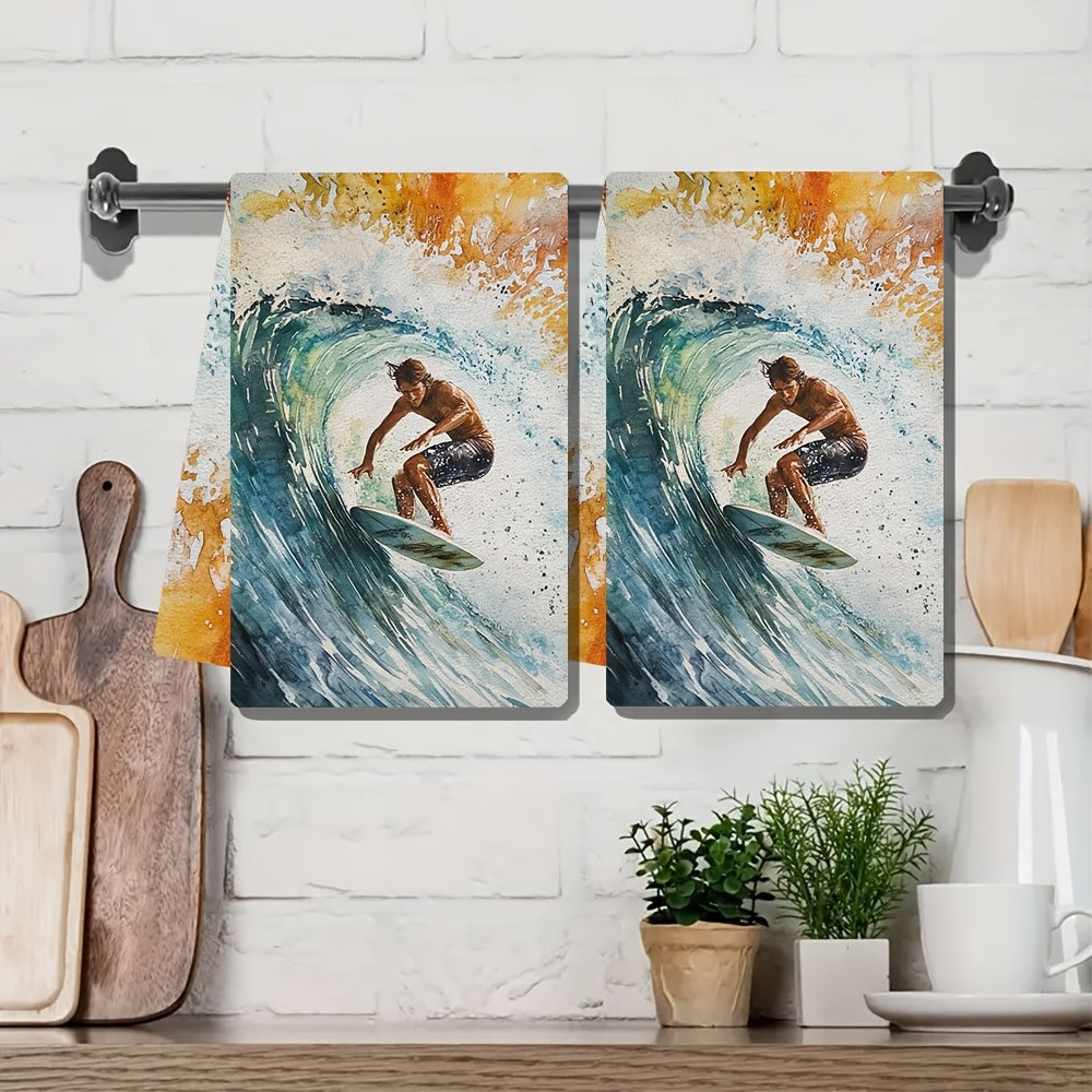 Surf's Up! Set of 2 Ultra Soft Kitchen Towels featuring Vibrant Surfer Design - Highly Absorbent & Quick-Dry Dish Hand Towels, Machine Washable, 40.64x60.96 cm - Perfect for Holiday Decor & Daily Use, Dish Towels