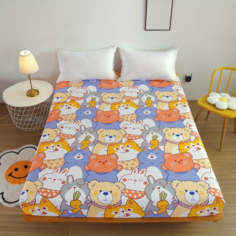 100% polyester single-layer bed sheet with a waterproof cartoon design. This machine washable sheet is designed to fit mattresses between 30-34cm high.