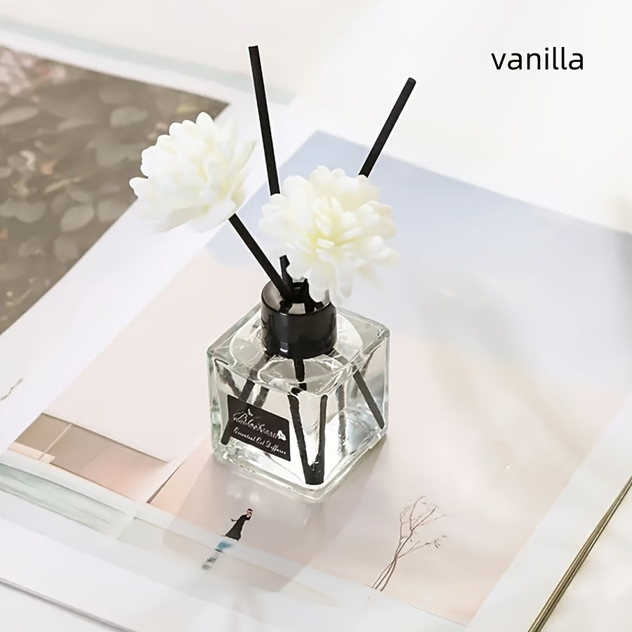 Elegant white floral diffuser with black sticks, versatile air freshener for bathroom, bedroom, car, and outdoor use. 1L capacity, glass container, indoor aesthetic.