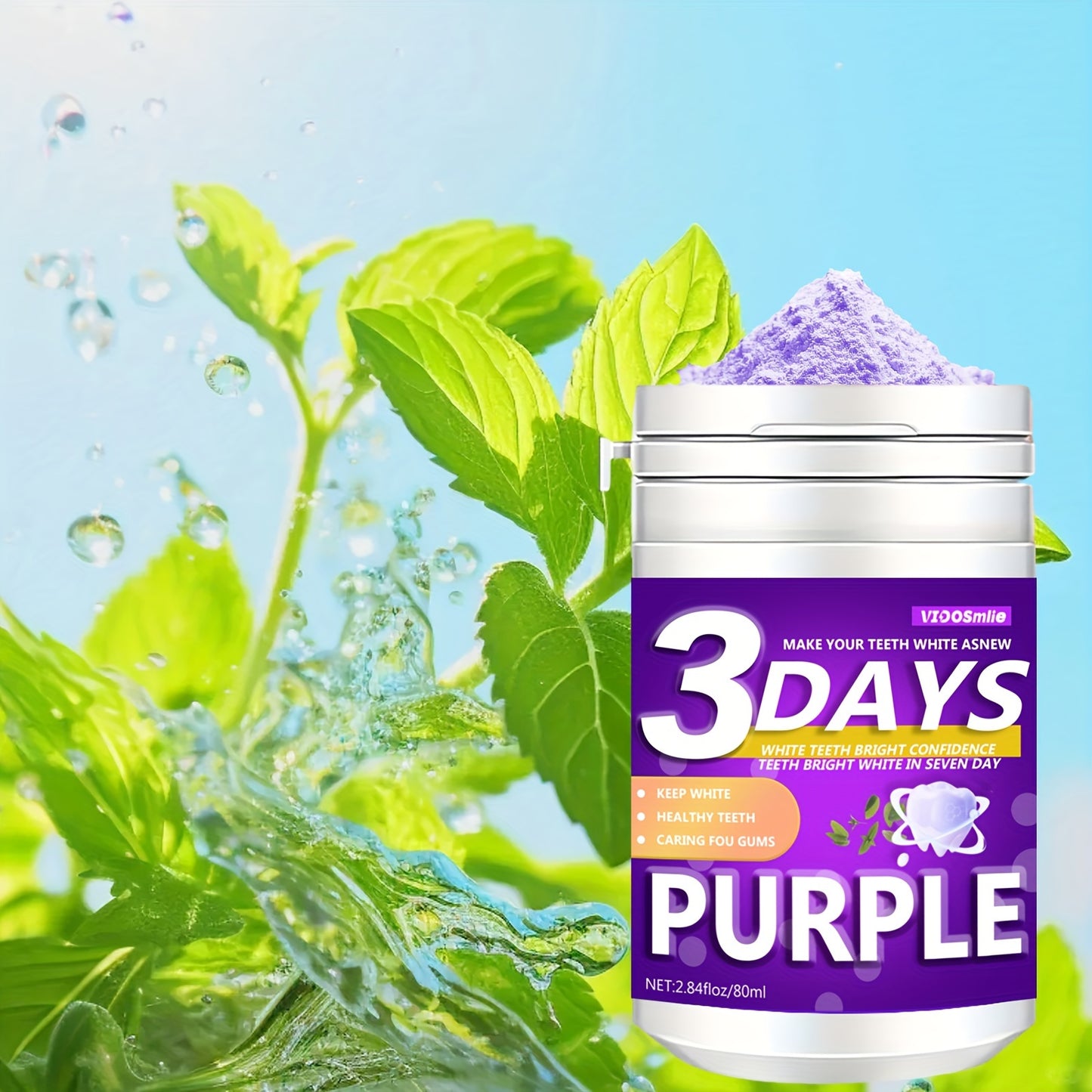 Vidosmile Purple Tooth Powder 80ml: Natural teeth whitening with honeysuckle flower & mint, baking soda brightening, gentle oral care for fresh breath & healthy gums.