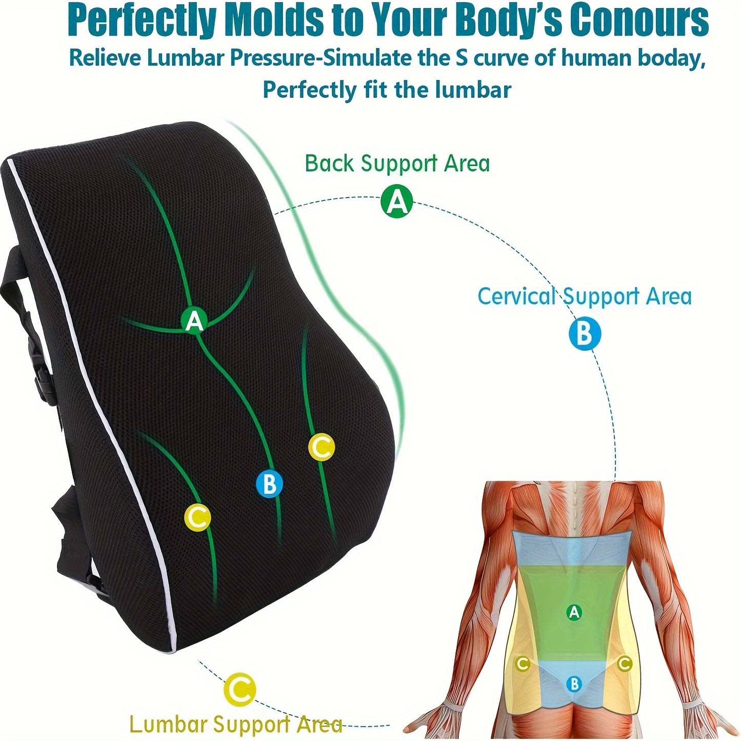 Memory foam cushion with adjustable straps improves posture for office chairs, cars, and gaming.