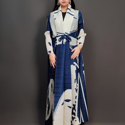 Stylish Blue & Black Floral Print Maxi Kaftan Dress - High stretch, pleated craftsmanship, long sleeve with tie waist for women, ideal for Ramadan & all seasons