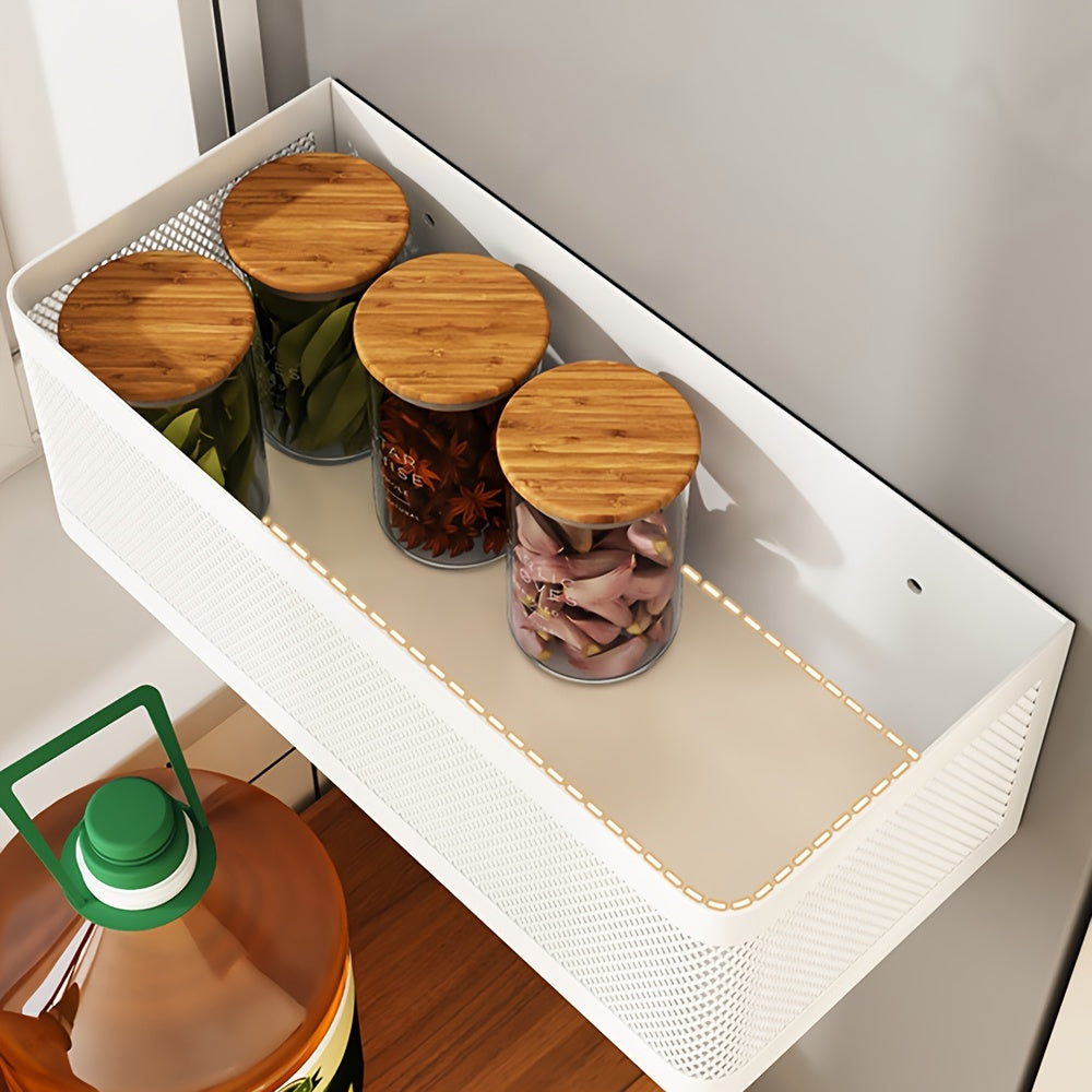 Magnetic Side Storage Holder for Kitchen Refrigerator with Hanging Basket and Plate Gap Magnet