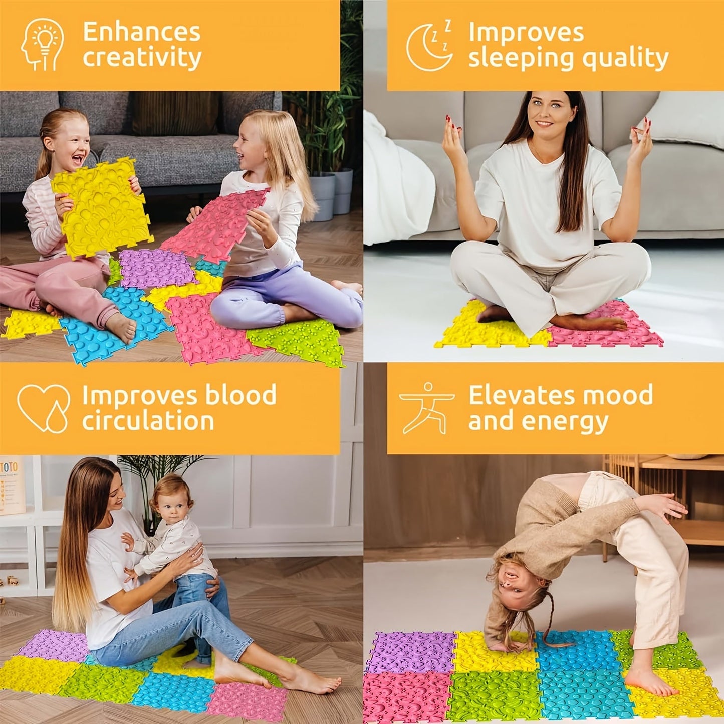 Sensory Tiles Puzzle Floor Mat - Set of 8 Pieces for Children's Sensory Room, Textured Rug Carpet, Orthopedic Massage Mat for Autism - Silicone Massage Mat for Kids with Sensory Needs