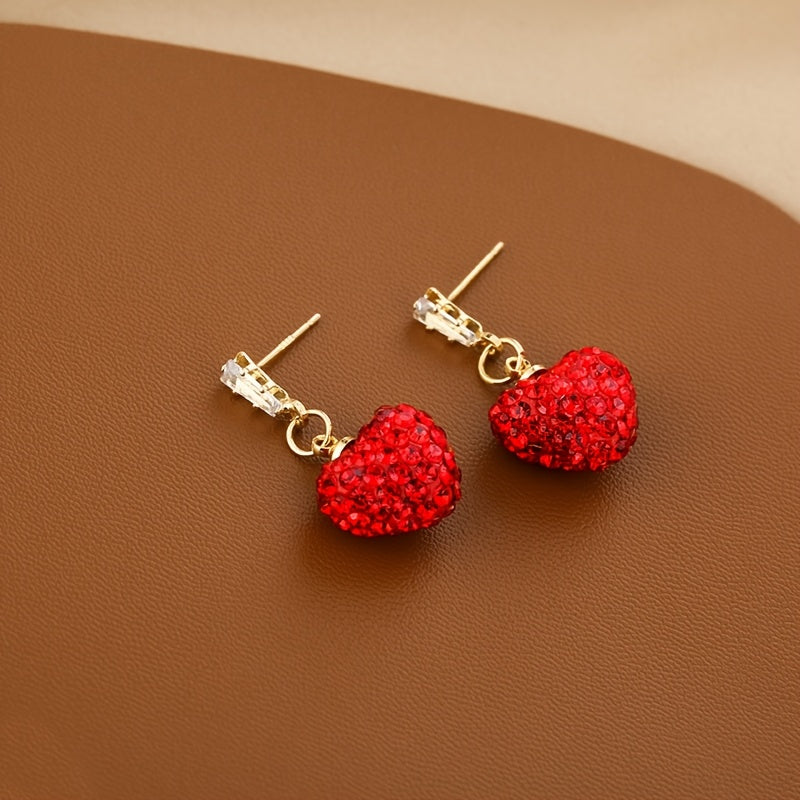 Chic Red Rhinestone Heart Earrings, Set of 2 Peach Heart Dangle Earrings featuring UV Coating, Copper Base, and 925 Silver Posts. Perfect for everyday wear and special occasions. Embrace the Korean trendy, retro, and elegant style.