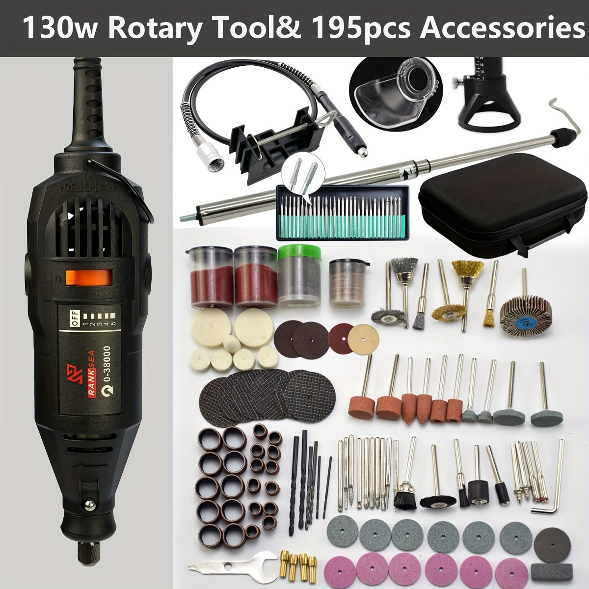 Rotary tool kit with 5 speed adjustments and 218 accessories for various projects.