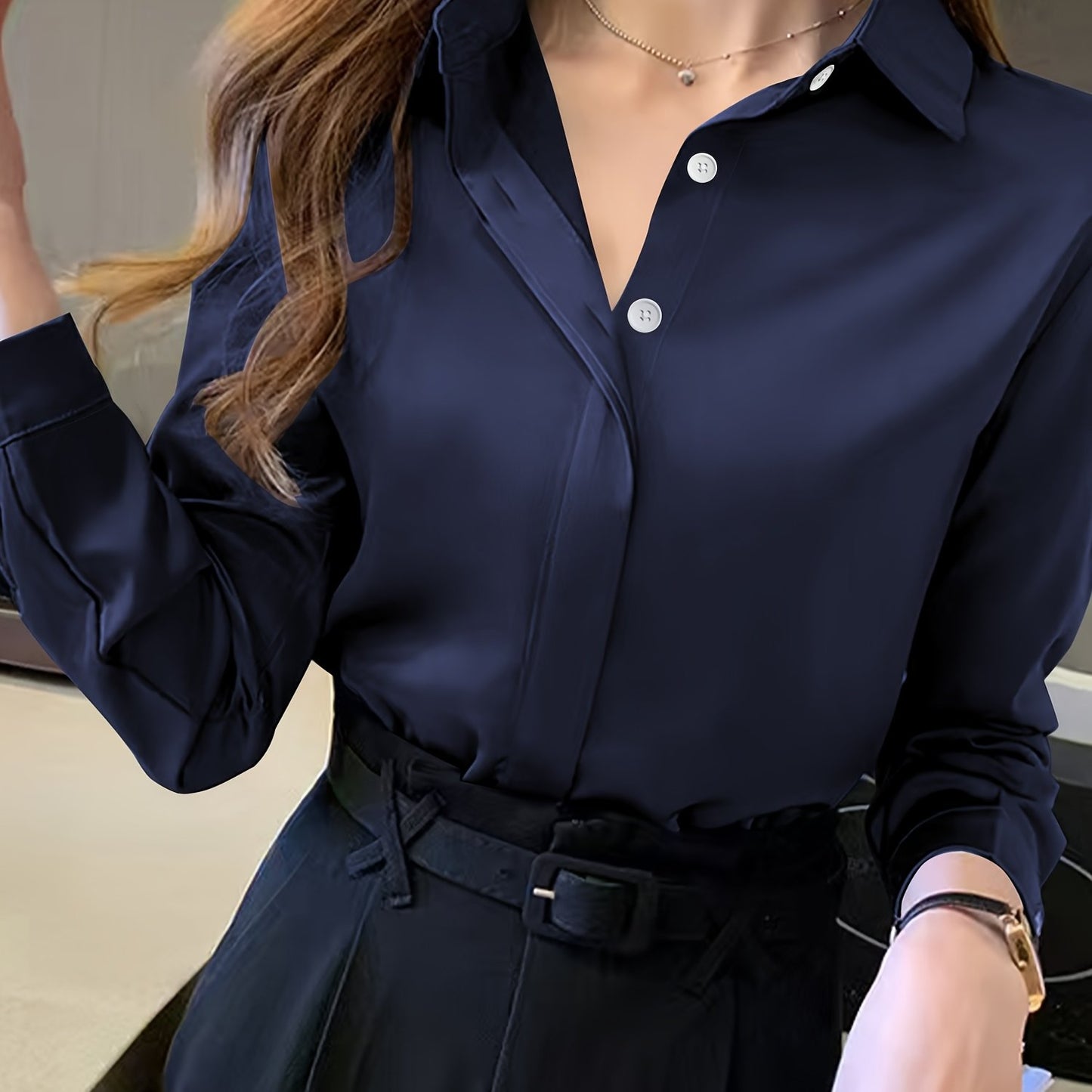 Stylish navy blue long sleeve blouse for women - suitable for work, semi-sheer polyester with button detail, ideal for spring/fall