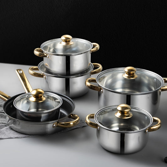 Stainless Steel Cookware Set of 12 Pieces with Elegant Golden Handles, Includes Kettle for Kitchen and Cooking, Perfect for Cross-border E-commerce