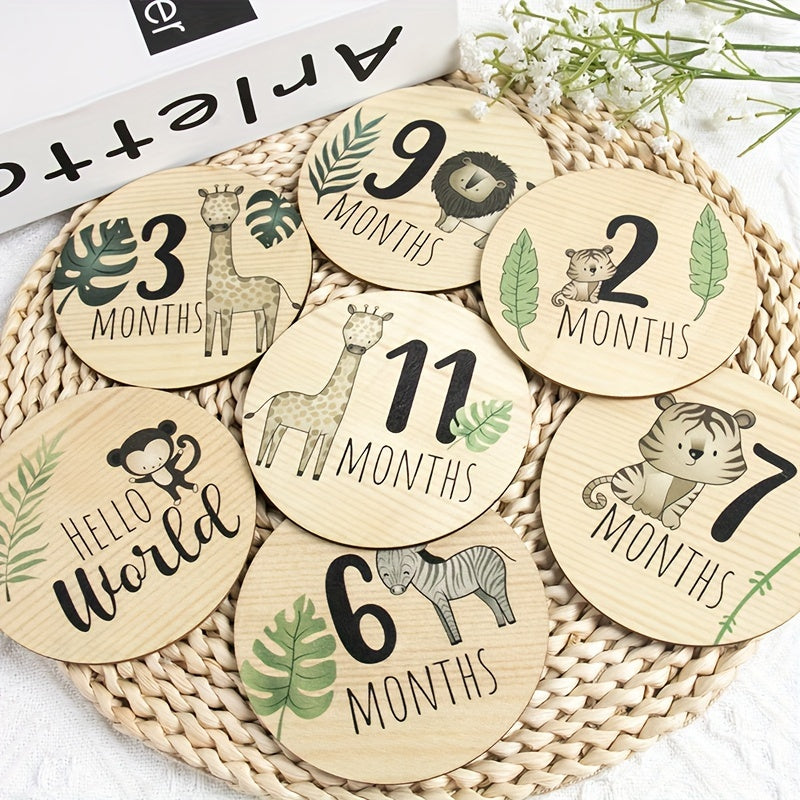 Set of 7 Wooden Milestone Cards with Cute Jungle Animal Designs, Perfect for Monthly Growth Milestone Recordings, Birth Celebrations, and Photo Shoot Props