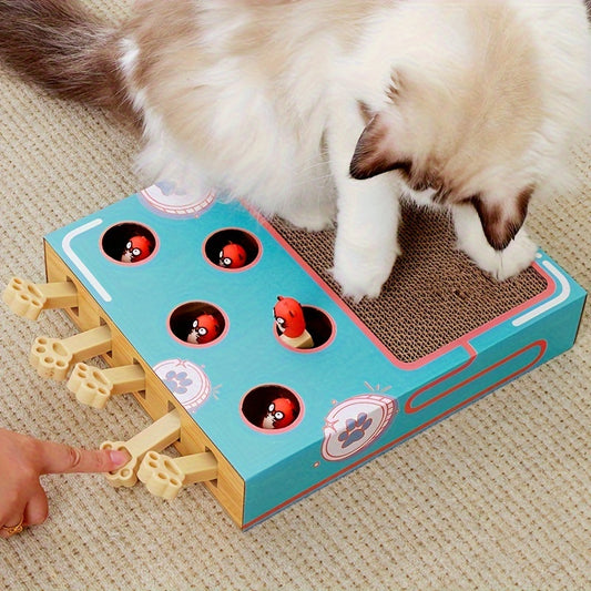 Interactive corrugated cardboard toy for cats with multiple functions for play and exercise.