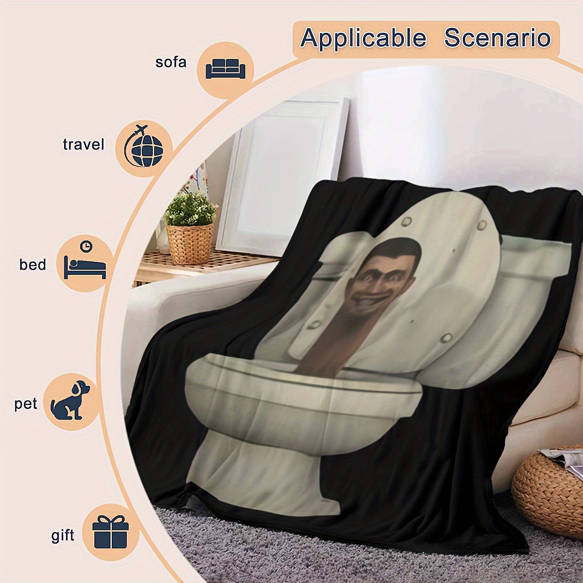 Exciting image of a cheerful man on the toilet, printed on a high-definition and super soft blanket. This blanket is comfortable, lightweight, and machine washable, making it versatile for use on the sofa, bed, or during office breaks. Perfect for all