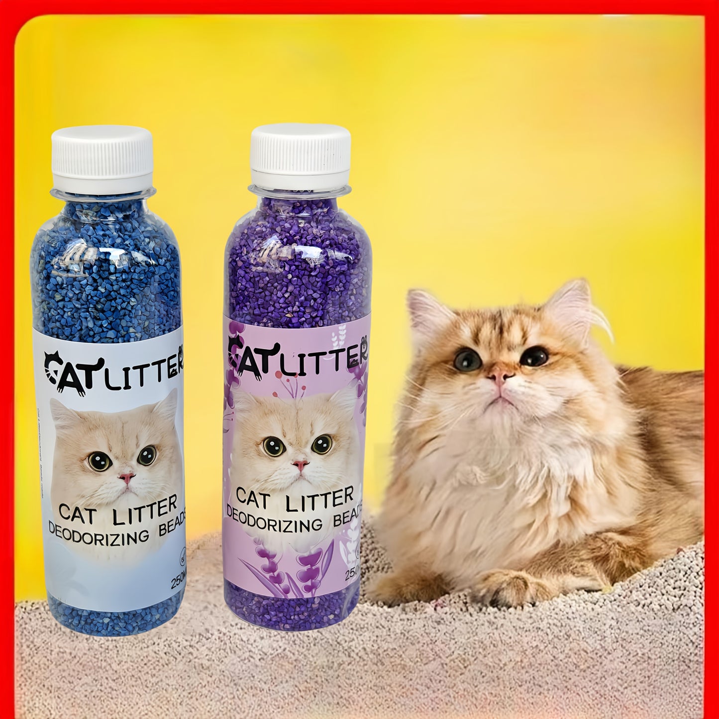 Deodorizer beads for cat litter, made from natural wood, neutralize odors for clean litter boxes.