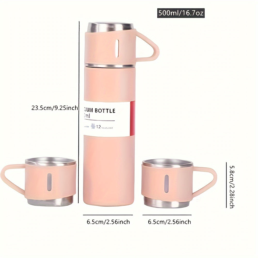 Gift-ready Stainless Steel Vacuum Insulated Water Bottle Set with 3 Cup Lids. This 500ml Travel Thermal Mug keeps drinks hot or cold for hours, making it ideal for both summer and winter use. The set is food contact safe, making it a perfect gift option.