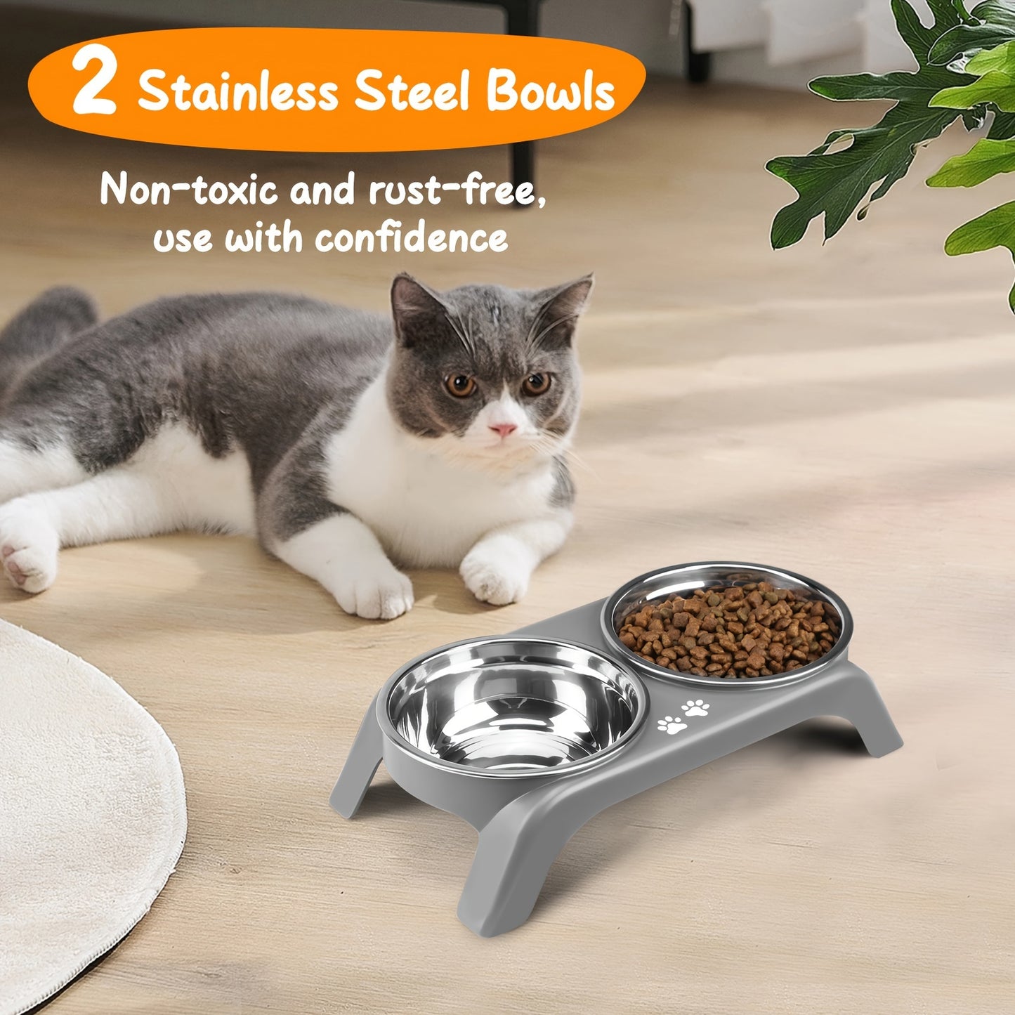 Arsali Elevated Cat Bowls with stainless steel dual bowls for food and water, designed for cats and small dogs, featuring anti-vomiting, ergonomic design with non-slip feet. Easy to clean