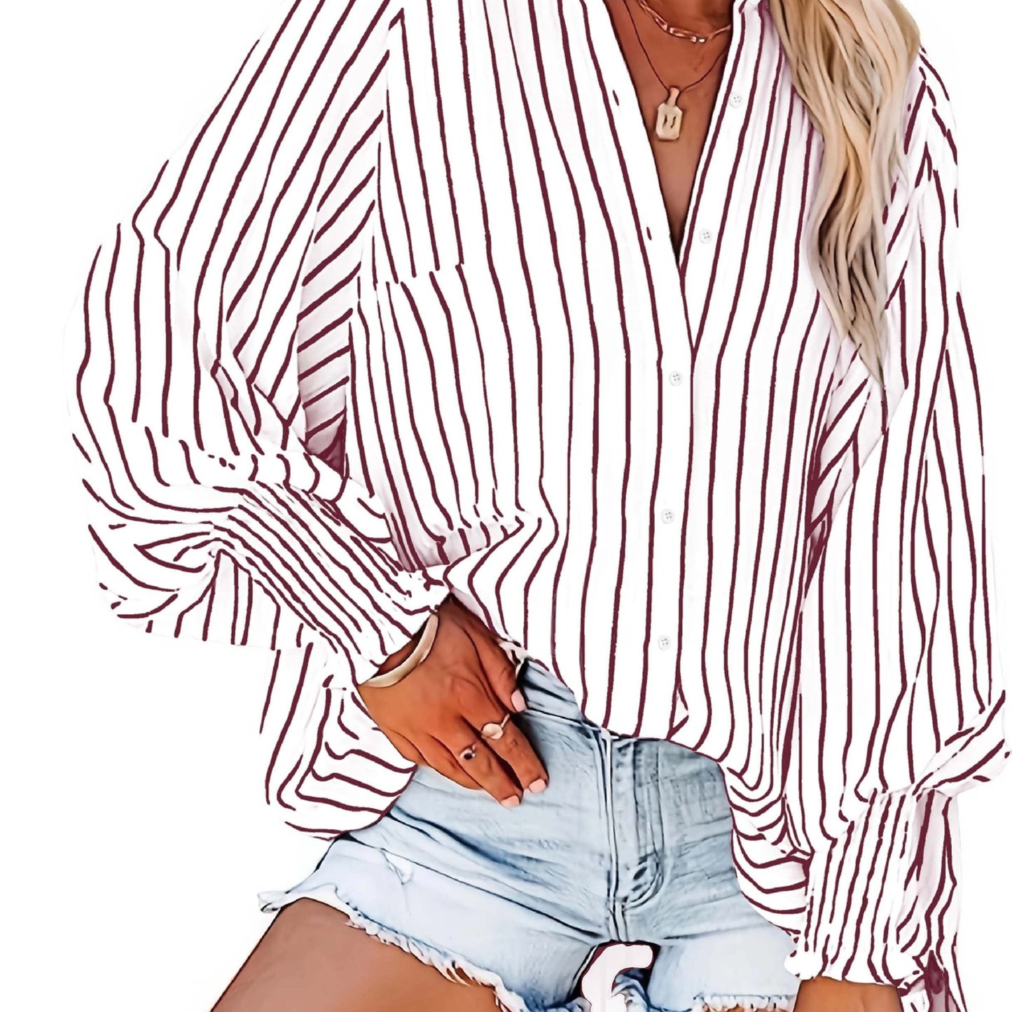 Striped V-Neck Blouse in Red & White, Plus Size with Button Accents and Long Puff Sleeves in Lightweight Polyester Fabric for Spring/Fall. Durable and stylish casualwear for ladies.