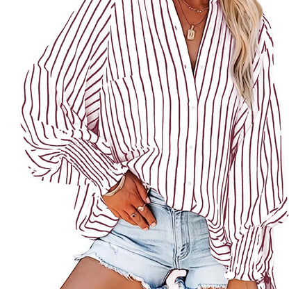 Striped V-Neck Blouse in Red & White, Plus Size with Button Accents and Long Puff Sleeves in Lightweight Polyester Fabric for Spring/Fall. Durable and stylish casualwear for ladies.