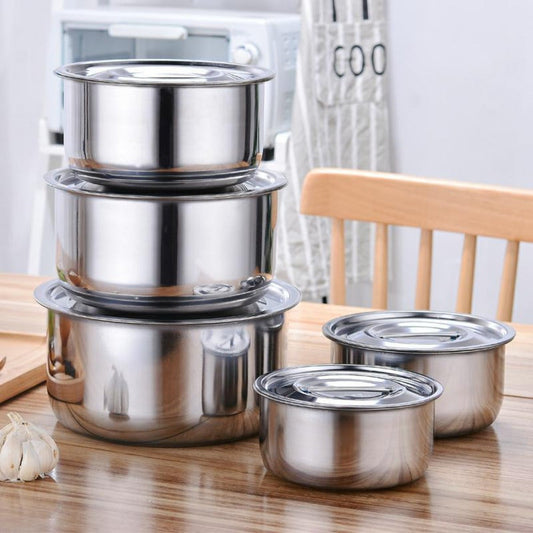 5-piece stainless steel cooking pot set with lid, perfect for use on induction cookers, gas stoves, and electric pottery stoves. Includes a seasoning jar, salad basin, and Thai pot. Ideal for Christmas parties, Ramadan gatherings, and suited for use in