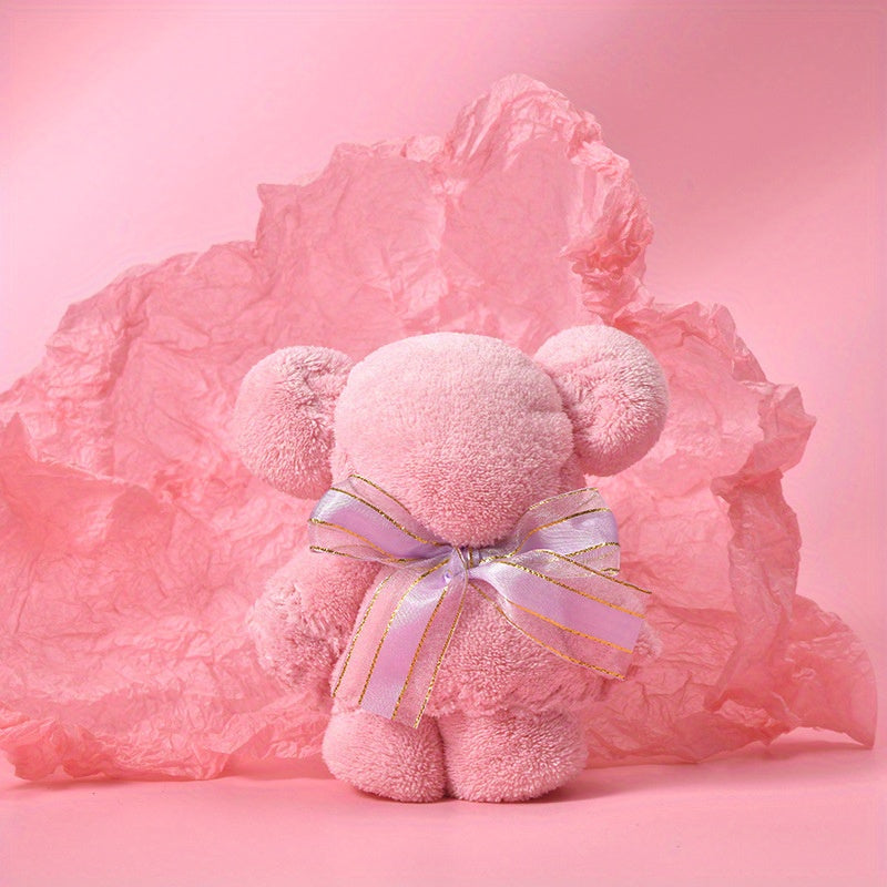 Modern cute bear hand towel with golden ribbon, soft and absorbent polyester blend, 310gsm, perfect gift for festivals.