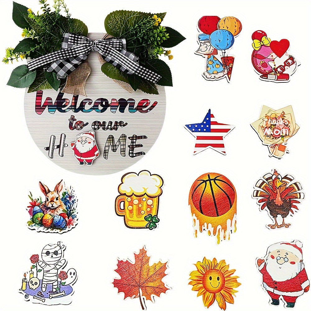 Multi-Use Seasonal Door Sign - Circular Wooden Wreath Decoration for Christmas, Spring, Summer, and Fall - White and Black