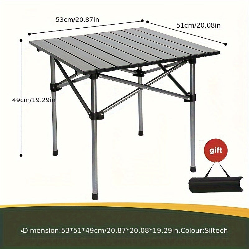 Portable, foldable outdoor table suitable for camping. Crafted from durable golden material in a convenient roll-shaped design.