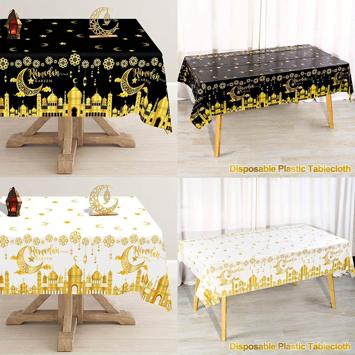 Eid Mubarak tablecloth with black & white castle, moon, and star lantern design, perfect for Ramadan and Eid celebrations.