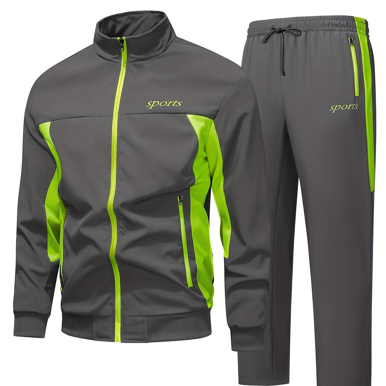 Men's color block sports tracksuit set with zipper jacket and pants - machine washable and dry cleanable.