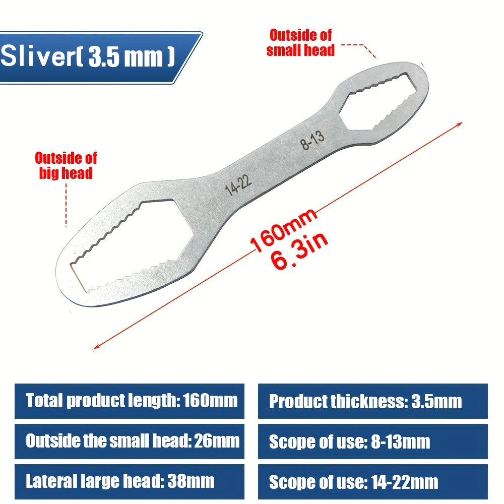 Double-ended plum wrench with 3.5mm thickness for tightening various screws and nuts. Suitable for diameters 8-22mm/3-17mm.